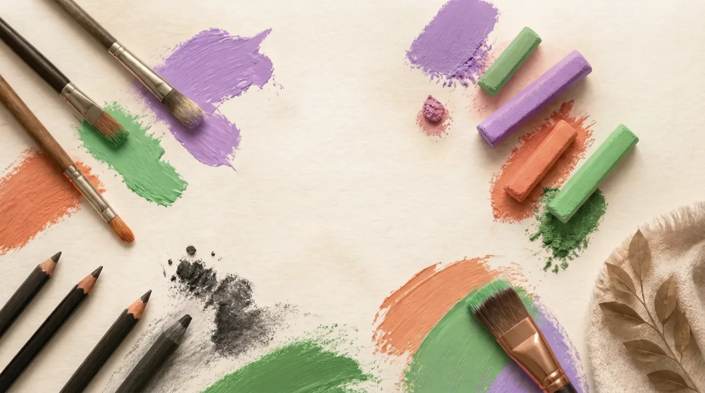 Materiais de arte: pincéis, tintas e aquarelas
